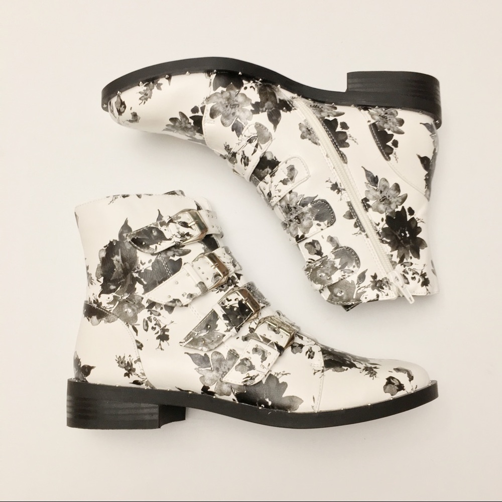 Floral Buckle Straps Studded Combat Ankle Boots - Picture 3 of 6